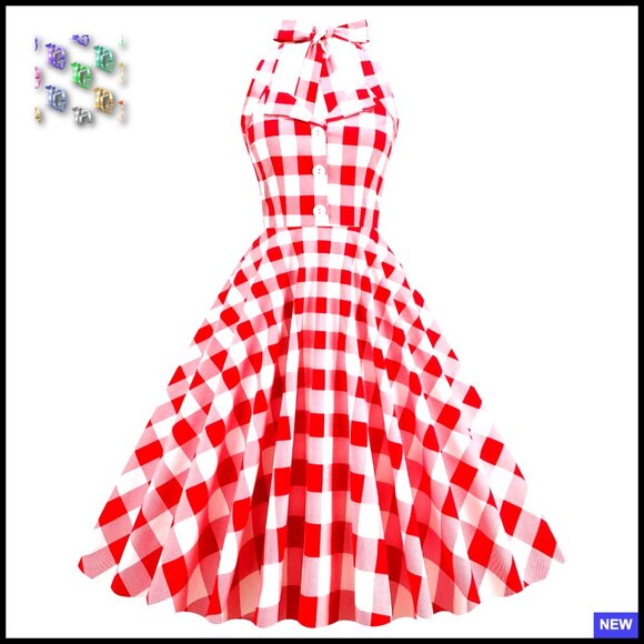 Vintage Polka Dot Halter Cocktail Swing Dress Rockabilly Retro Tea Party